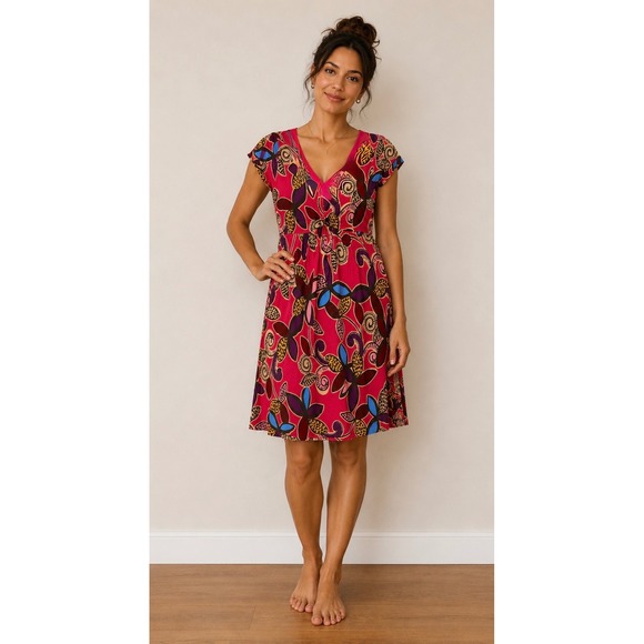 Boden Women\'s 10 Pink Floral Tencel V-Neck Empire Waist Midi Dress Summer  Beach